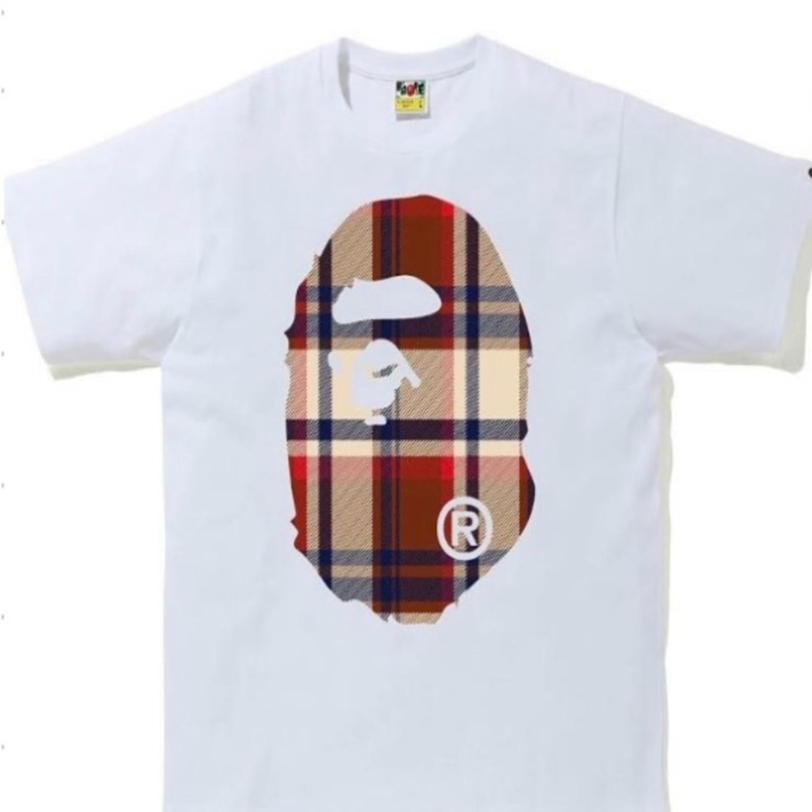 BAPE White Tee with Plaid Ape Graphic - Medium
